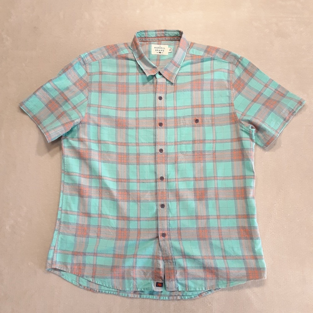 The Normal Brand Mens SS Stag Button Down Shirt XL Plaid Blue Coral Cotton